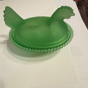 New Green Glass Hen  on a Nest Candy Dish  Measures 4.75 Inches Long Perfect fo